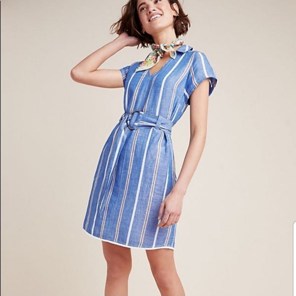 Anthropologie linen blue striped shirt dress 6